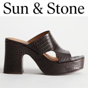 SUN + STONE DARIAA BROWN CROC EMBOSSED PLATFORM MULE HEELED SANDALS SIZE 9.5 NWT